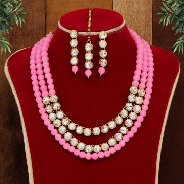 Pink Color Kundan Necklace Set