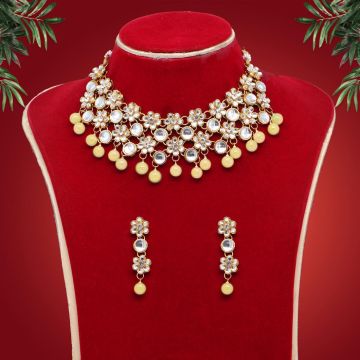 Lemon Yellow Color Kundan Necklace Set