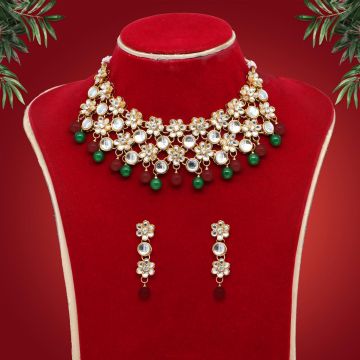 Maroon & Green Color Kundan Necklace Set