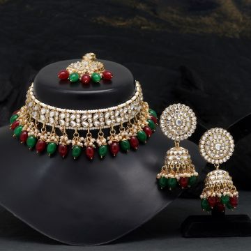 Maroon & Green Color Choker Kundan Necklace Set
