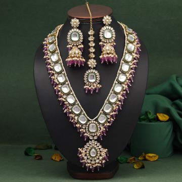 Light Purple Color Long Kundan Necklace Set