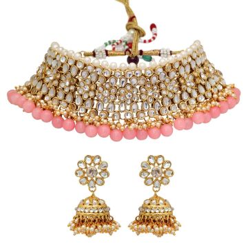 Peach Color Choker Kundan Necklace Set