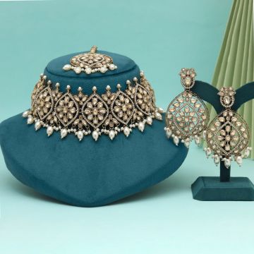 Gold Color Pakistani Choker Kundan Necklace Set