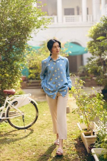 DENIM BLUE POLKA FOIL PROM SHIRT