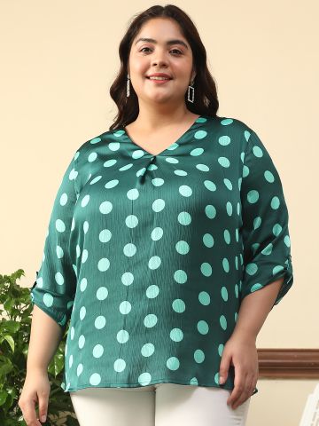 Women Plus Size Green Satin Chiffon Polka Dot Print V-Neck With Long Roll up Sleeve & Pleated Detailing Top