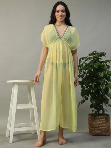 Women Solid Yellow V- Neck With Lurex Lace Detail Short Flutter Sleeve Elasticated Long Length Beachwear Chiffon Dress With Side Slits