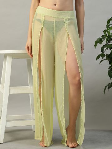 Women Solid Yellow Chiffon Beach Pants with Elastic Waist & Front Slit