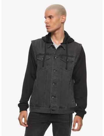 Black Grey Removable Hooded Denim Vest - Black & Grey