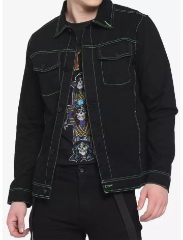 Neon Stitch Black Denim Jacket - Black & Neon Green
