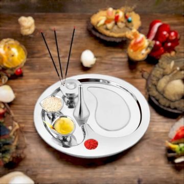 FnS Premium Stainless Steel Pooja Thali Set - 5 Pc Set (Silver) (Pooja Thali)