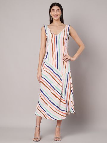 Striped A-line White Midi Dress