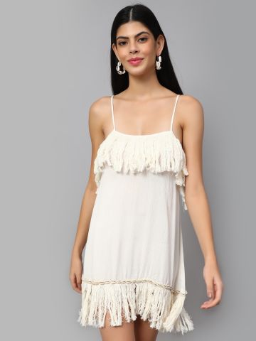 Shoulder Straps Sleeveless Fringed A-Line Dress