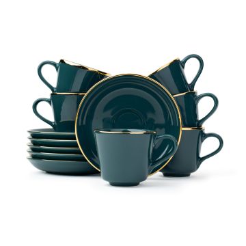 Ceramic Tea Cup Saucer Set, Set of 6, Teal Green with Real Gold Line, 180ml | Goldline Collection