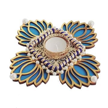 Gift Jaipur Diwali Decorative Blue Lotus Diya MDF Rangoli Handmade Tea Light Candle Holder Designer Diyas - for Home Temple Floor Rangoli Decoration Pooja Festival New Year durgapuja aarti