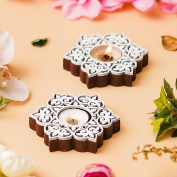 eCraftIndia Set of 2 White Brown Wooden Floral Printing Block Decorative Tea Light Candle Holders, Diya Stands - Tea Light Holders - Christmas Diwali Decoration Items for Home Decor