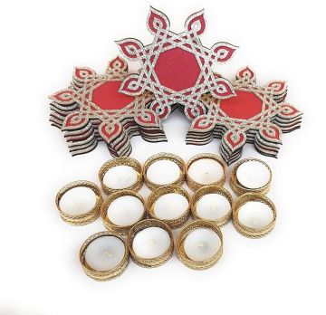 Kolam border/Muggu Pattern Diya Holder with Tea Light Candle/Diya and Golden Candel/Diya Holder. Designer Artistic Rangoli Borders For All Events From Festival, Wedding, Pooja Decoration. (6)