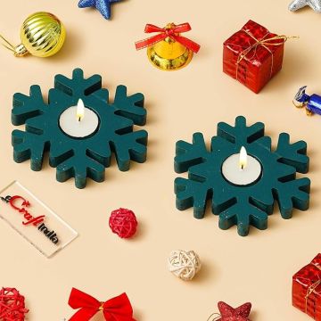 eCraftIndia Wooden Christmas Snowflake Decorative Tea Light Candle Holders (Set of 2 Green) Christmas Decoration Items for Home Office| Christmas Gifts for Women Men Girls Boys Kids Family Friends