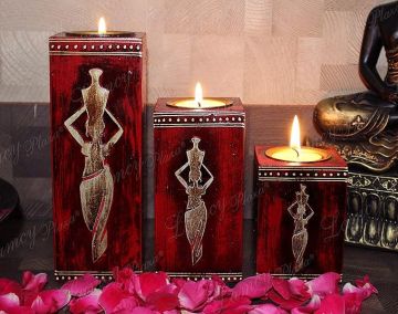 Lamcy Plaza Rustic Wooden Tealight Candle Holder Stand - 7 Inch (Set of 3) | Vintage Table Top Tealight Pillar for Home Decor, Diwali Gift | Handmade & Lightweight Centrepiece (Antique Red)