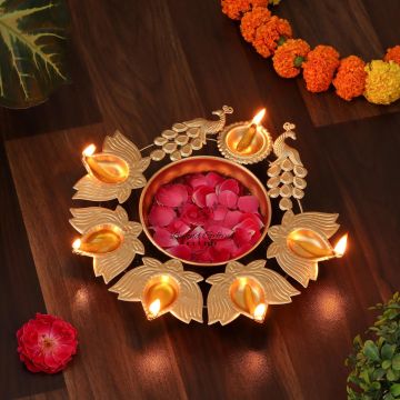 Beyond Gifting Peacock Lotus Diya Urli – 10 Inch Handcrafted Metal Bowl in Gold for Floating Flowers & Tealight Candles | Home, Living Room, Office & Table Décor, Diwali Decoration Items