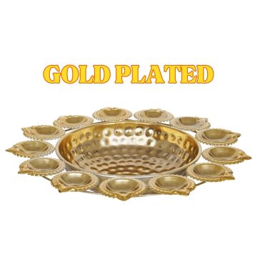 Webelkart Diya Shape Flower Decorative Urli Bowl for Home Handcrafted Bowl for Floating Flowers and Tea Light Candles,Office and Table Decor| Diwali Decoration Items (14 Inches), Gold
