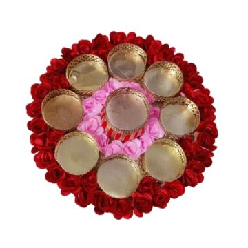 Decorative Diwali Rangoli with Artificial Flowers and Golden Tealight Holders for Home & Pooja