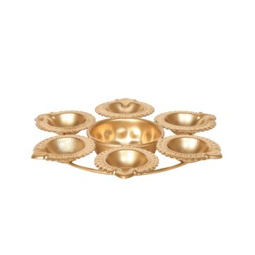 Nex Overseas Traditional Brass Diya Stand with 7 Diyas – Decorative Pooja Oil Lamp – Gold Finish – Ideal for Diwali, Navratri, Pooja Room Décor (18 x 18 x 2 cm)