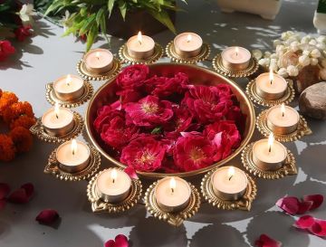 R Ayurveda Copper Metal Decorative Metal Diya Traditional Diya Urli Tealight Holder Golden Bowl for Floating Flowers Home,Office Wedding Decor Size 14 Inches