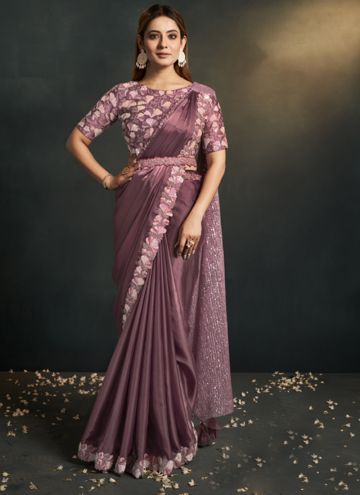 Dusty Pink Silk Satin Crepe Embroidered Ready to wear saree with stitched blouse