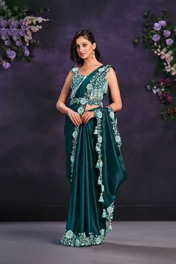 Sea Green Crape Satin Silk Embroidered Ready to Wear Saree with Stitched Blouse