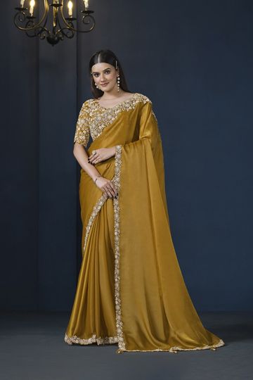 Mustard Crepe satin silk Daimond with Pure Handwork Saree with Unstitched Blouse