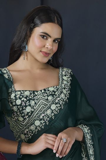 Teal Crepe satin silk Sequins with Pure Handwork Saree with Unstitched Blouse