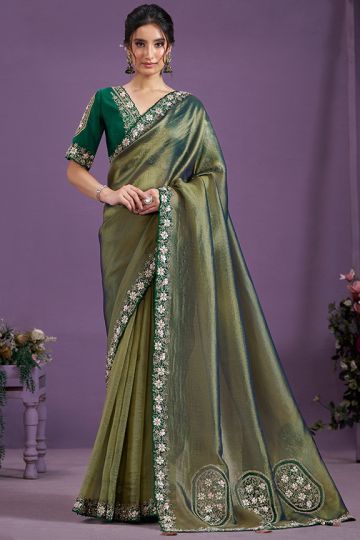 Green Glass Tissue Sequence Work Designer Saree with Unstitched Blouse