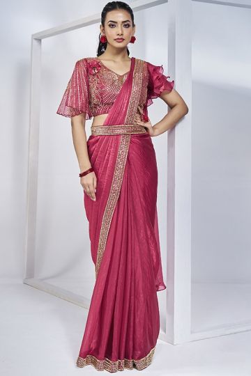 Pink Two Tone Satin Silk Pure Handwork Ready to wear Saree with Stitched Blouse