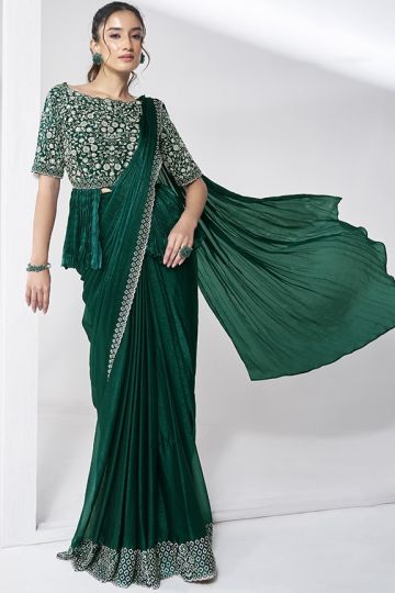 Green Shimmer Chiffon Pure Handwork Ready to wear Saree with Stitched Blouse