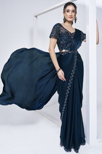 Teal Two Tone Satin Silk Pure Handwork Ready to wear Saree with Stitched Blouse