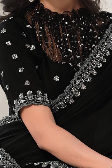 Black Crepe Satin Silk Sequence & Handwork Saree with Unstitched Blouse