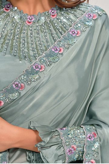 Sea Green Crepe Satin Silk Handwork Saree with Unstitched Blouse