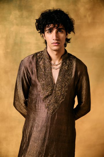 Mocha Rustle Tissue Kurta Set for Men