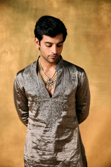 Silver Mist Tissue Kurta Set for Men