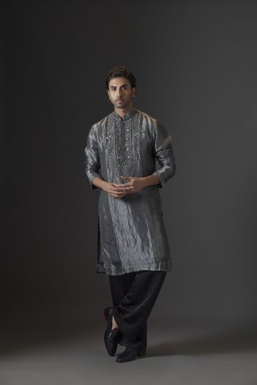 Gunmetal Grey Crushed Embriodered Tissue Kurta Set