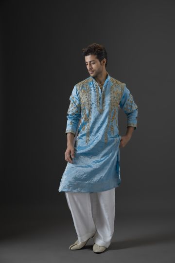 Azure Blue Silk Kurta with Zari Embroidery