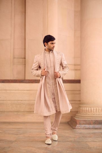 Blush Pink Resham Embroidered Sherwani Set