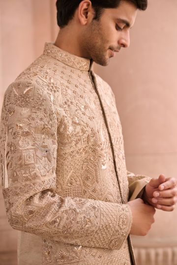 Classic Golden Chanderi Sherwani Set
