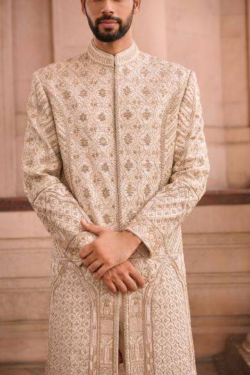 Luxury Beige Brocade Sherwani Set