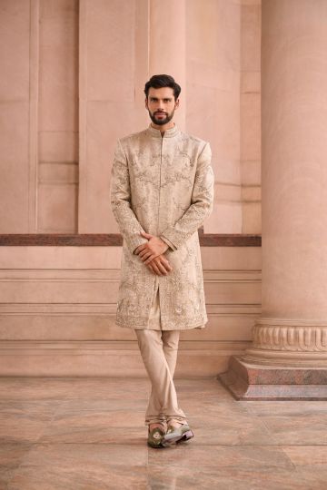 Beige Gold Embroidered Sherwani Set