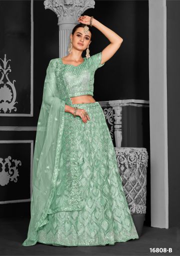 Women's Net Embroidered Semi-Stitched Lehenga Choli with Dupatta | Sea Green