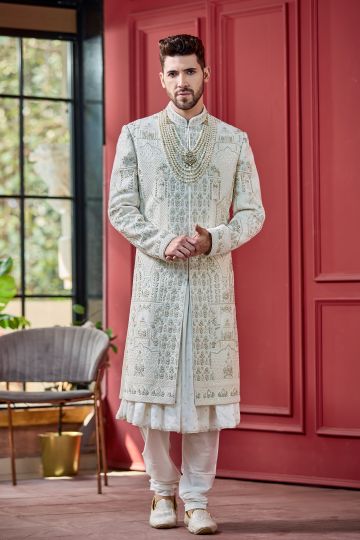 Ivory Jharoka Silk Sherwani