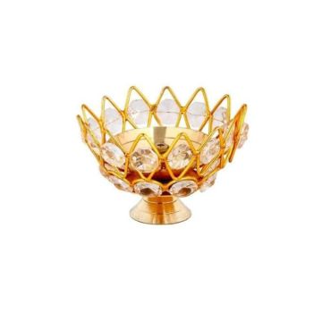 Collectible India Diwali Diya Crystal Round Akhand Diya for Puja Brass Small Kamal Deep Jyoti Oil Lamp for Home Temple Pooja Decor Gifts Pack of 4