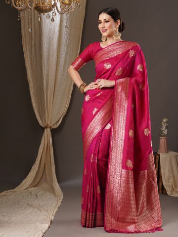 SAREEMALL Women's Silk Blend Pink WovenDesign DesignerSaree With Blouse Piece
