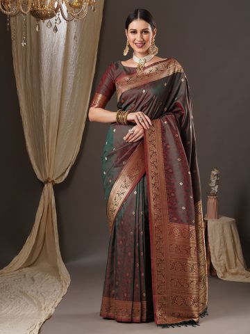 SAREEMALL Women's Silk Blend Brown WovenDesign DesignerSaree With Blouse Piece